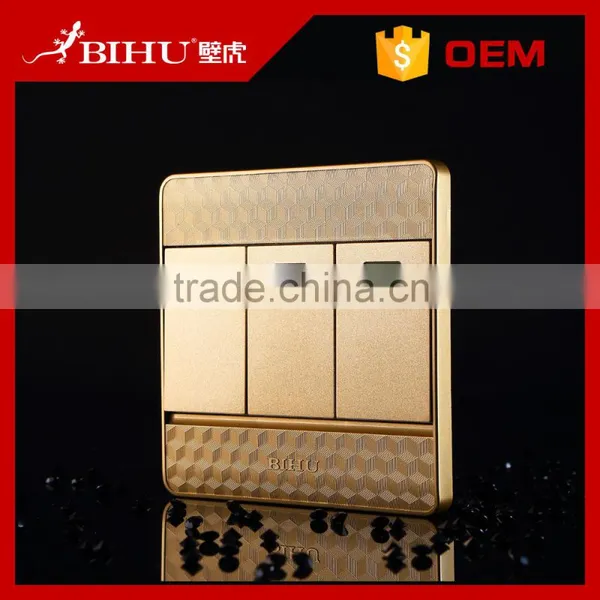 BIHU New design wall switch golden panel 3 gang intermediate switch for home