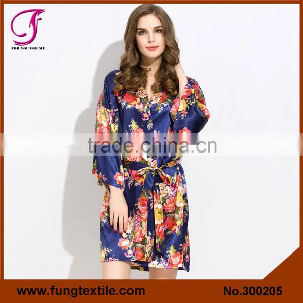 FUNG 3002 Ladies'Knee Length Floral Black Satin Robe photo-6