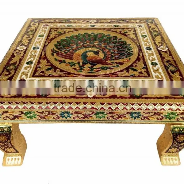 RAJWADI CHOWKI-BAJOT / SITTING STOOL - PEACOCK DESIGNED WOODEN HANDMADE 15"x15"x7" CHOWKI-G.M.