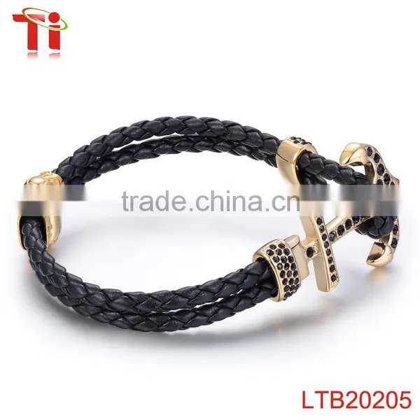 Anchor Bracelet Genuine Leather Bracelet x Power Bracelet With Black Zircon Stone photo-2