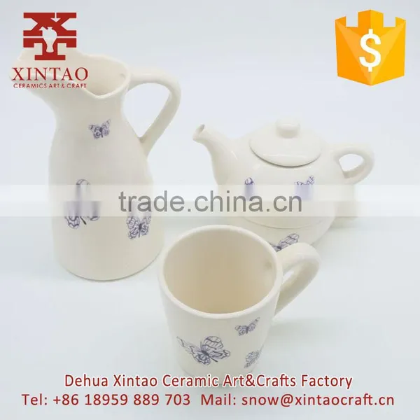 Glazed Full Hand Painted White With Blue Butterfly Ceramic Teapot photo-5