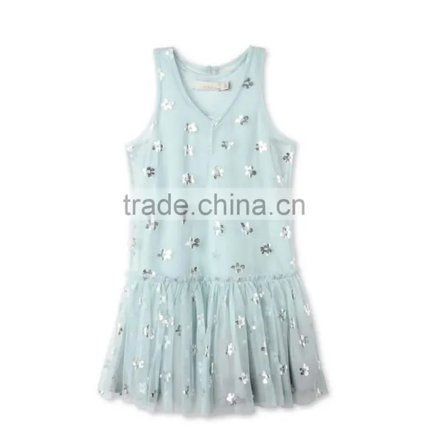 Printed Metallic Flowers Girl Tulle Party Dress Kids Frocks Neck Designs Childern Frock Model HSd5178 photo-2
