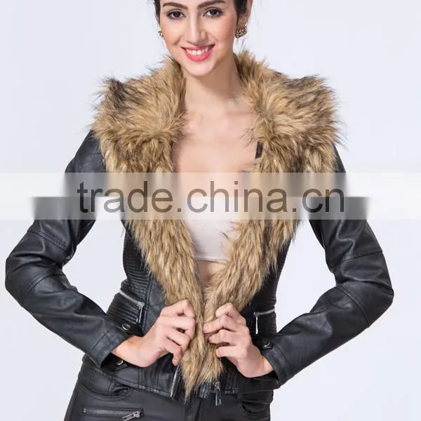 New Fashion Clothing Manufacturers Petite Women Biker Jacket With Fur Collar photo-2