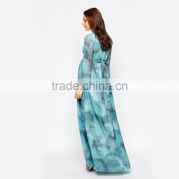 Maternity Printed Maxi Long Sleeve Maternity Dress for Muslim With Wrap Front photo-2