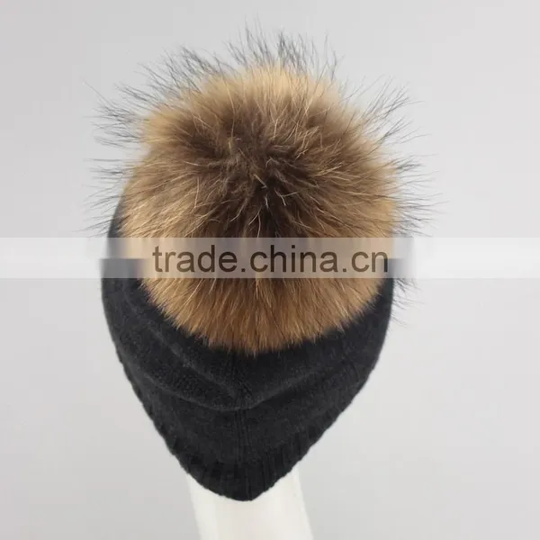 Myfur Newest Fashion Winter Crochet Hats Unisex Wholesale Genuine Raccoon Fur Pompom Beanie Wool Hats photo-4