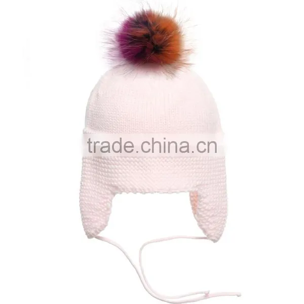 Myfur Factory Customized Kids Cotton Earflap Knitting Cap With Detachable Raccoon Fur Pom Pom photo-2