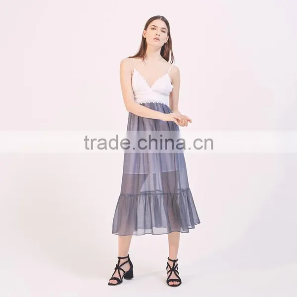 Hot Style Splice Sexy Women Deep V-neck Slip and Ruffled Hem Dress photo-4