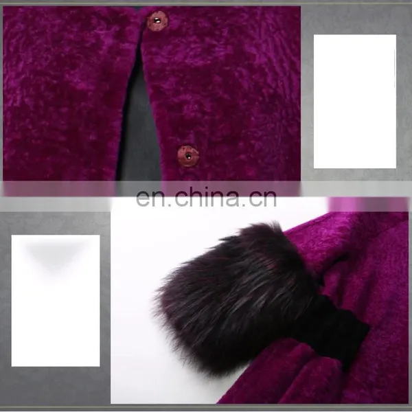 Hot Pink Merino Sheep Wool Sheep Shearling Fur Rose Red Overcoat With Raccoon Trimming photo-4