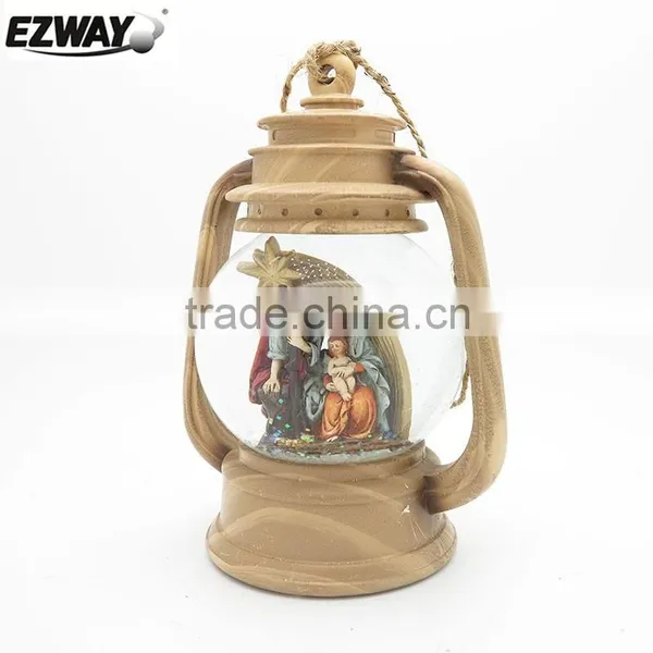 Large Size 80MM Led Religious Resin Snow Globe Wooden Base With Latern Design