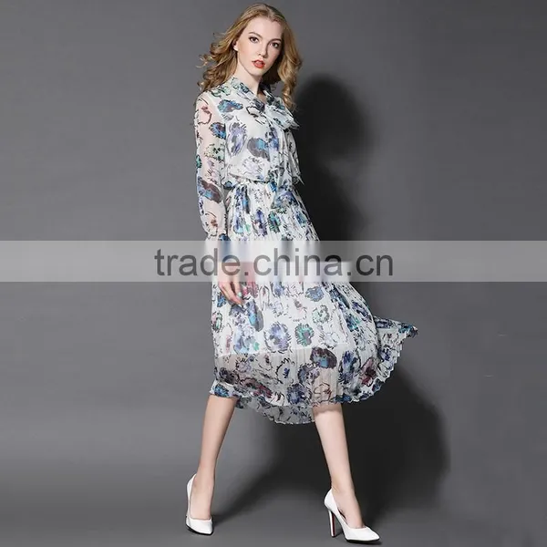 Maxnegio Elegant Maxi Long Sleeve Office Chiffon Pleated Maxi Dress photo-3