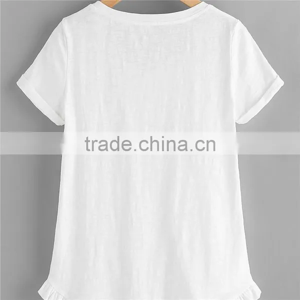 Plain White and Grey Pure Cotton Roll Cuff Ruffle Trim Slub T-shirt photo-3