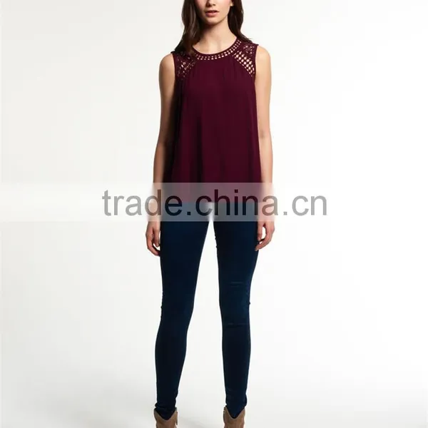 2017 Guangzhou Shandao Custom Logo New Fancy Style Women Summer Wine Red Chiffon Round Neck Sexy Sleeveless Top Photos photo-4
