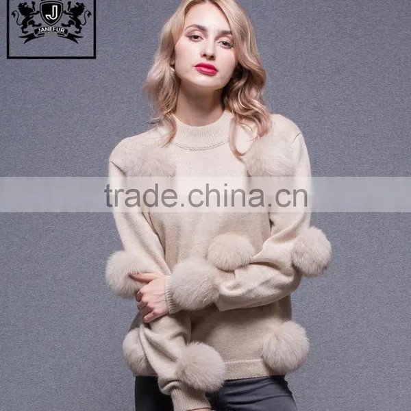 High Quality Fox Fur Pom Pom Decorated Woollen Sweater for Ladies photo-2