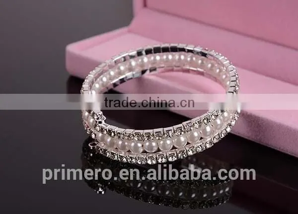 Fashion 2 Rows Stack Pearls Rhinestone Stretch Bracelets Bangles Jewelry photo-6
