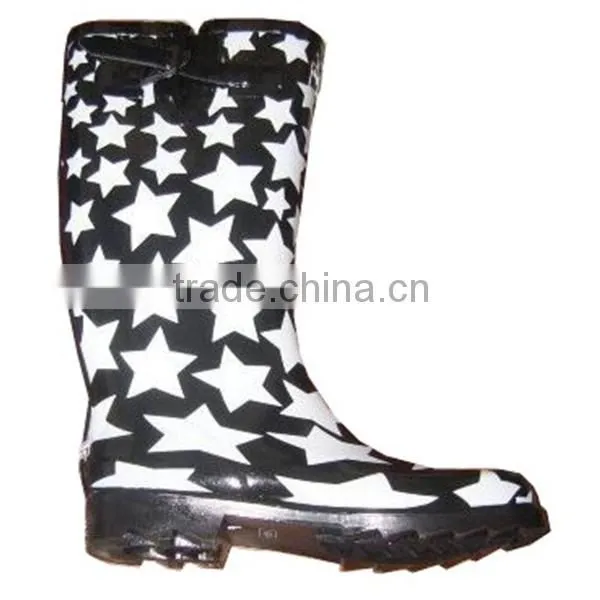 Star Print Rubber Boots With Buckle Women,girls Popular Rain Boots Knee High,OEM Whosale Gum Boots
