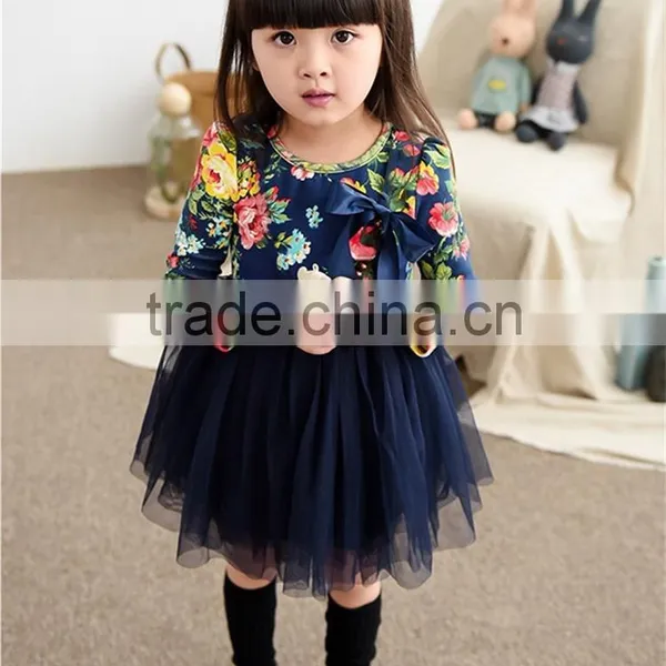 2015 New Autumn Girls Clothes Long Sleeve Flower Print Girl Dress For Party Wedding Children Kids Girl Floral Dress For School photo-4