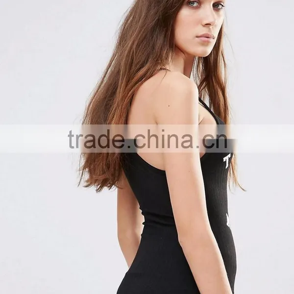 Summer Sexy Women Front Print Knitted Bodysuit With Custom Slogan Slip Jumpsuit With Your Own Logo Print photo-3