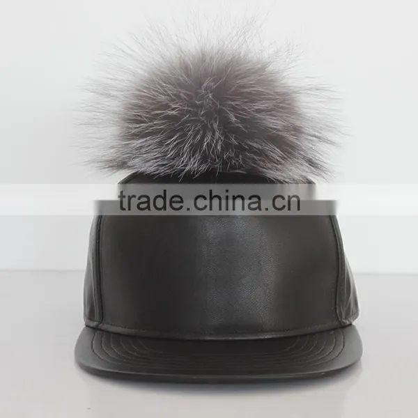 Myfur Man Handsome Style Pure Leather Baseball Cap Hat With Real Silver Fox Fur Bobble Cap photo-2