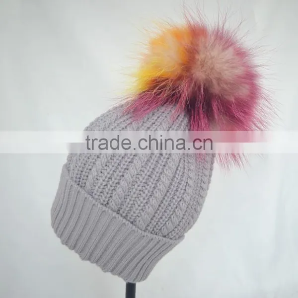 Myfur Light Grey Women Knit Hat With Real Fur Pom Pom Top photo-4