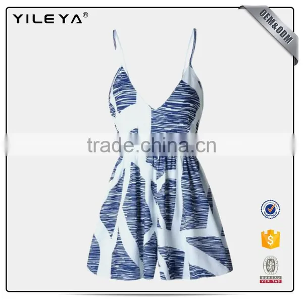 Fashion Design Pinstripe Spaghetti Strap V Neck Jumpsuit Button Front Tie Waist Short Romper photo-3