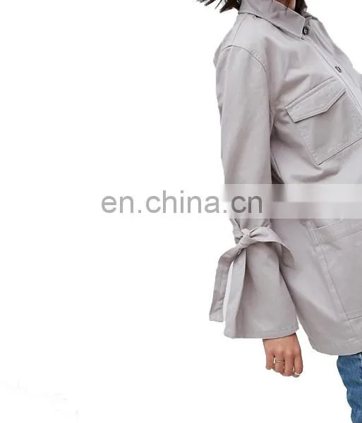 Factory OEM Women Lightweight Cotton Jacket With Tie Sleeve Detail photo-5