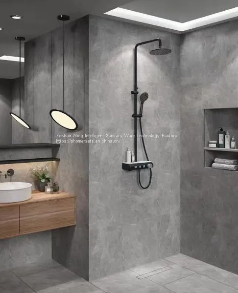AT-P005B-2 Bathroom Shower Systems With Platform Foshan Supplier Black Colour Luxury Rain Shower 3 Functions