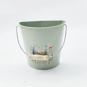 Vintage Floral Print Metal Bucket Planter With Wooden Handle | Garden Iron Flower Pot