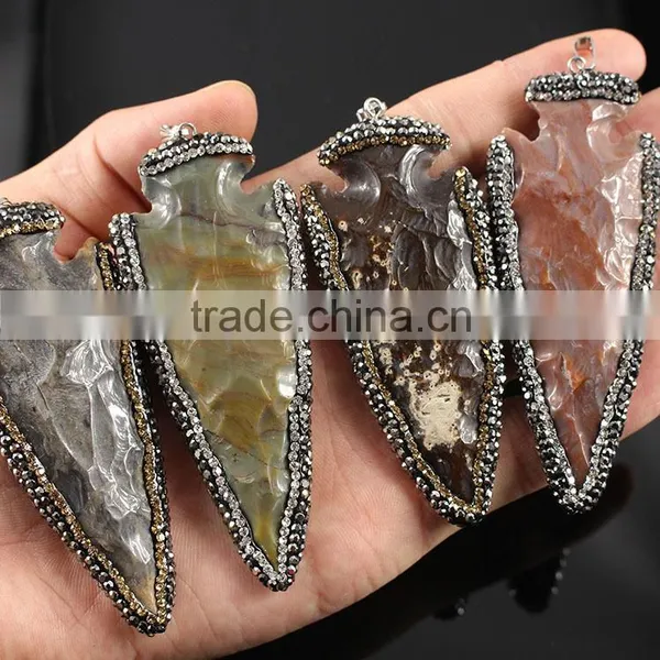JF6918 Crystal Pave Large Hand Carved Jasper Stone Arrow Head Arrowhead Pendants,Arrow Head Charms Quality Choice photo-2