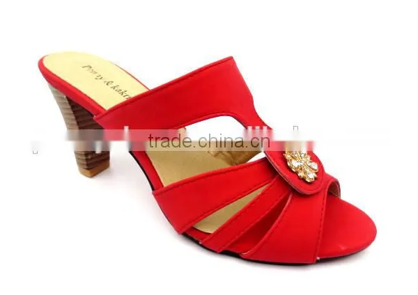 Latest High Heel PU Leather Wood Heel Office Lady Slipper With Golden Button photo-2