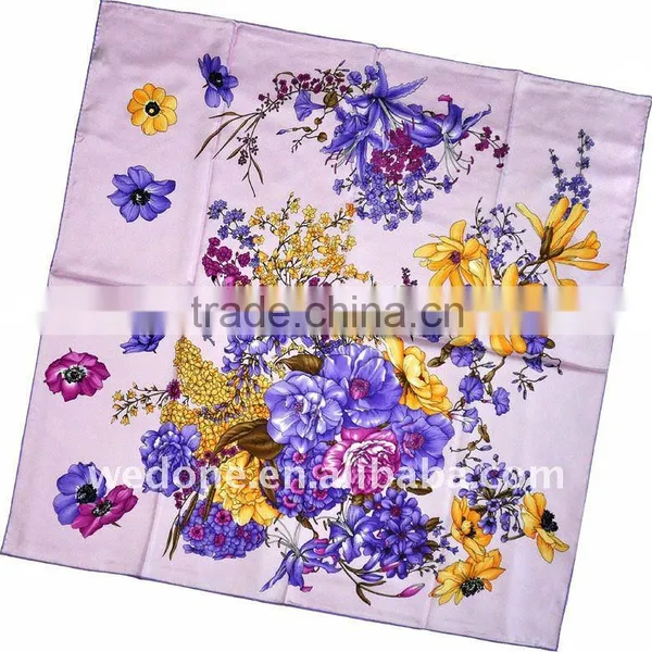 Flowers Printed Silk Twill Scarf for Women Purple/Yellow