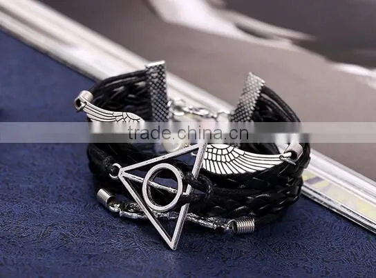 New Fashion Owl Deathly Hallows Angel Wing Leather Bracelet DIY photo-2