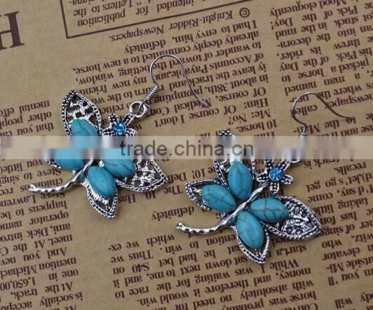 Bohemian Vintage Silver Plated Crystal Butterfly Pendant Turquoise Earrings photo-2