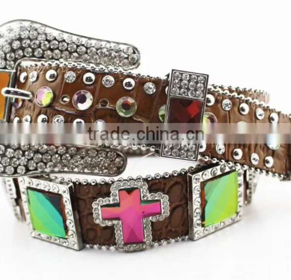 Bride Colorful Rhinestone Crystal Croc Embossed Western Cowgirl Belts photo-3