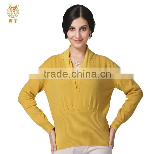Fashion Cashmere Knitted Custom Sweater, Special Yellow Cashmere Sweater