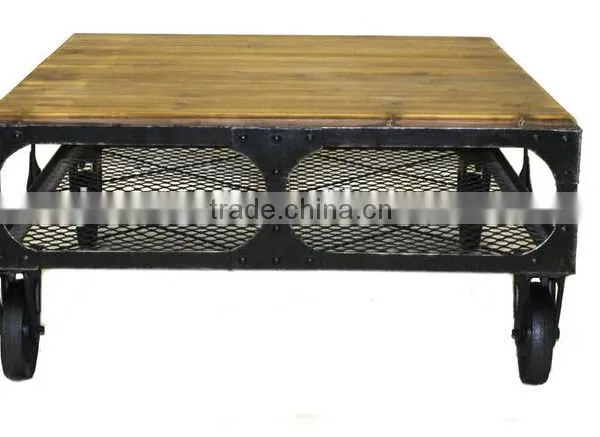 Industrial Rustic Wood Top Coffee Table With Wheels photo-3