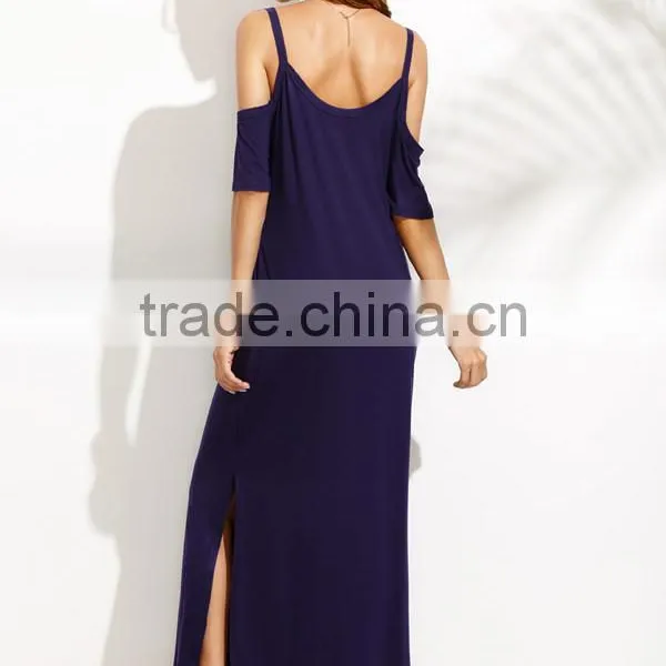 Woman Navy Pocket Cold Shoulder Split Maxi Dress photo-5