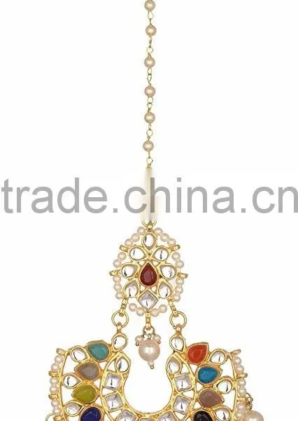 NAVRATAN Kundan Jadau Earring Tikka Gold Plated Chand Bali Set photo-4
