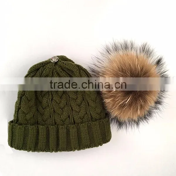 Myfur Khaki Green Wool Knitting Cap and Hat for Adults With Real Raccoon Fur Pom Pom photo-3