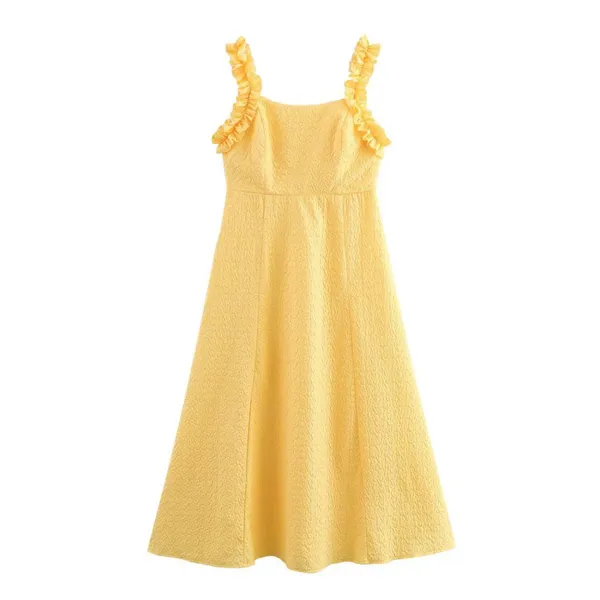 New Women's Solid Color Pullover Square Neck Sleeveless Textured Camisole Mid Length Dress photo-5