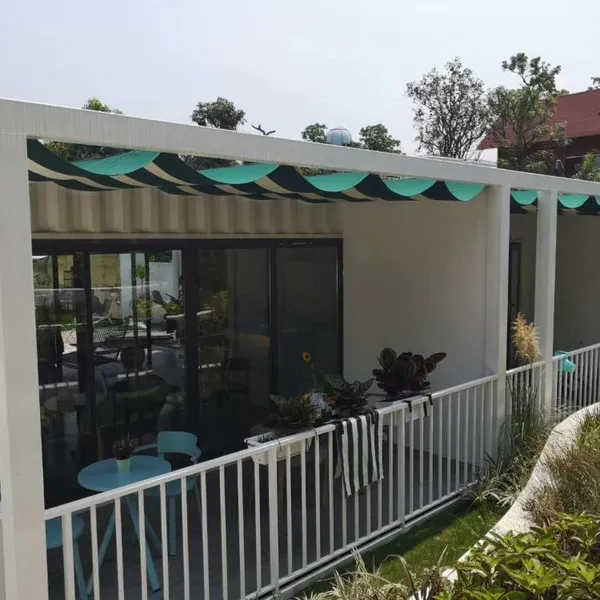 Modern White Aluminum Pergola with Retractable Striped Fabric Canopy, Outdoor Patio Shade Structure for Cafe, Garden & Residential Balcony