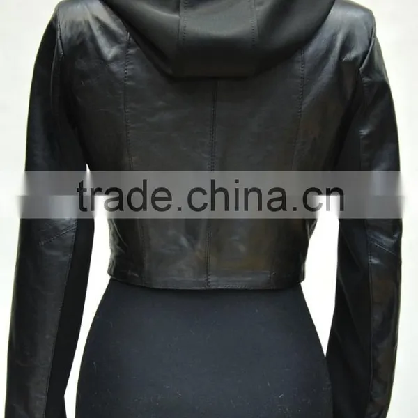 Lady Hooded Lamb Nappa Leather Jacket Oblique Zipper photo-3
