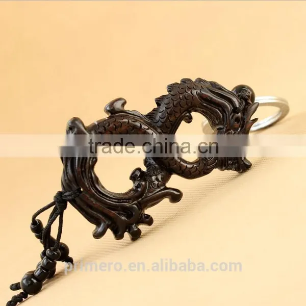 Chinese Loong Ebony Wood Men Gift Black Bag Key Ring Carved Dragon Wooden Keychain photo-6