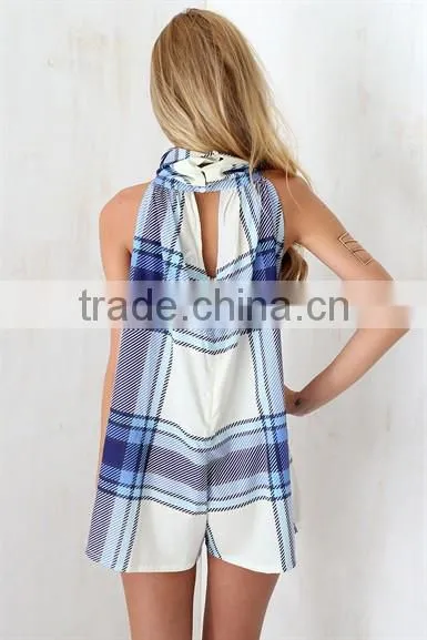2015 Blue Cheque Playsuit Jumpsuit Shorts Adult Short Jumpsuit photo-4