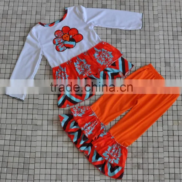 Wholesale White and Orange Children Thanksgiving Outfits With Turkey Embroidery