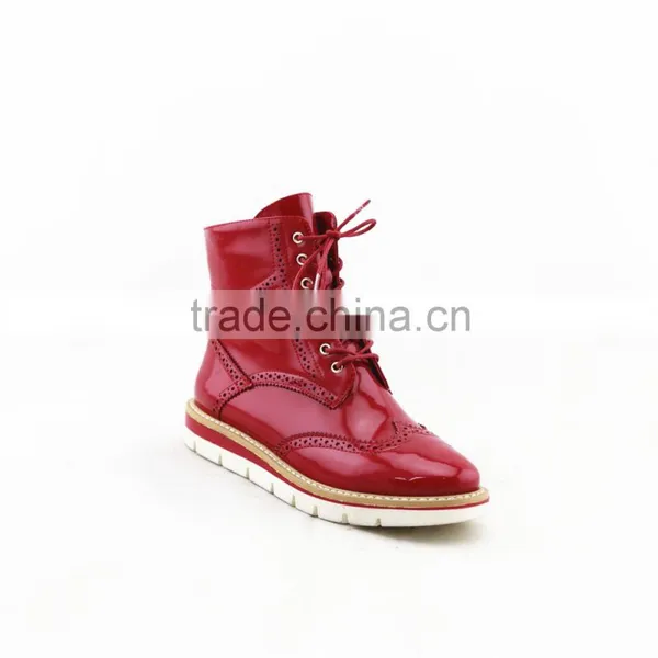 LQEB11 Red PU Comfortable Flat Casual Military Fuzzy Ladies Lace up Shoes Boots Rubber Outsole photo-2