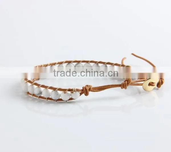 Pure Manual Needle Wear White Pine Natural Stone Beads Bracelet Leather Leather Cord Bracelet Wholesale photo-3