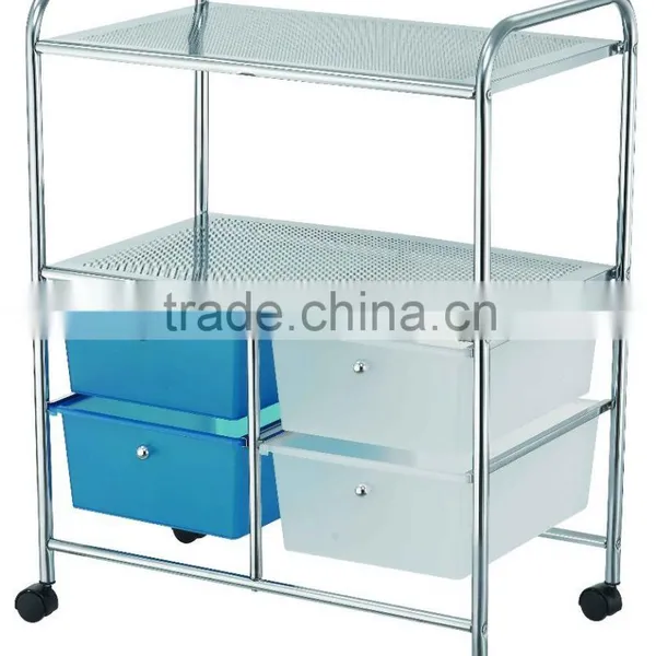 2 Tier Double Drawer Storage Organizer With 2 Tier Shelf Rolling Trolley Cart