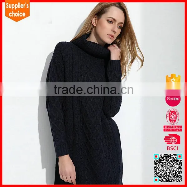 Latest Design Ladies Black Cable Knitted Thick Turtleneck Long Sweater