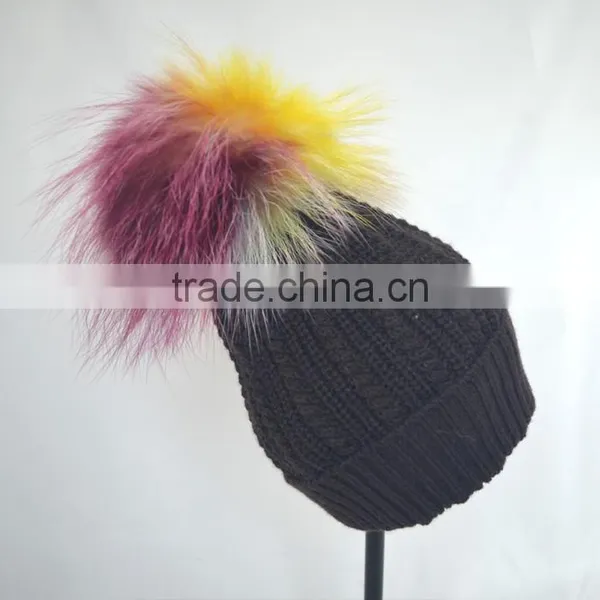 Myfur Black Color Unisex Winter Woolen Beanie With Fur Pompom Top photo-3