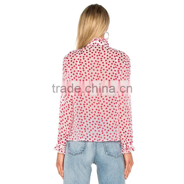 Polka Dot Printed Tie Neck Long Sleeve Women's Viscose Chiffon Shirt photo-3